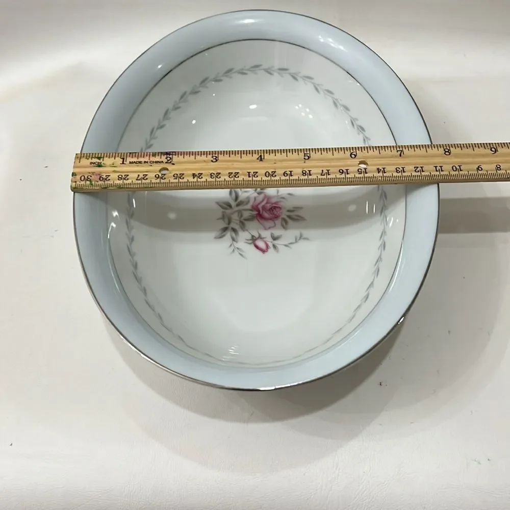 Regency Japan Oval Serving Bowl White Blue Pink Rose Silver 10 1/2 X 7 3/4 In